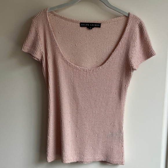 RALPH LAUREN Light Pink Silk Beaded Short Sleeve Top Women’s Size M - Picture 1 of 7